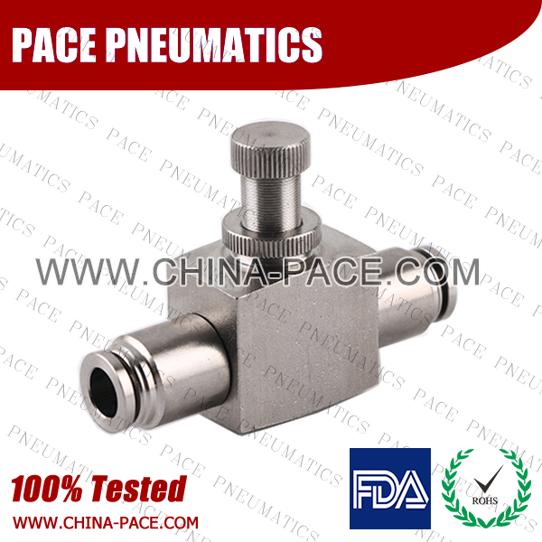 Union Air Flow Controller Stainless Steel Push-In Fittings, 316 stainless steel push to connect fittings, Air Fittings, one touch tube fittings, all metal push in fittings, Push to Connect Fittings, Pneumatic Fittings